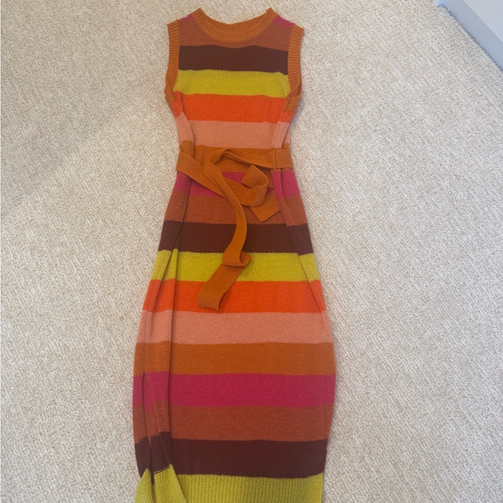 FRNCH Striped Sleeveless Midi Dress in Orange, Pink & Green